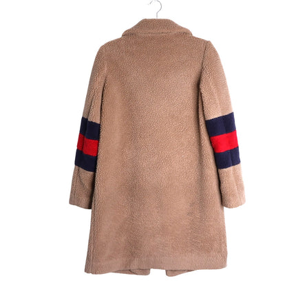 BODEN Hereford Teddy Bear Coat Tan Long Sleeve Elbow Stripes Women's 2