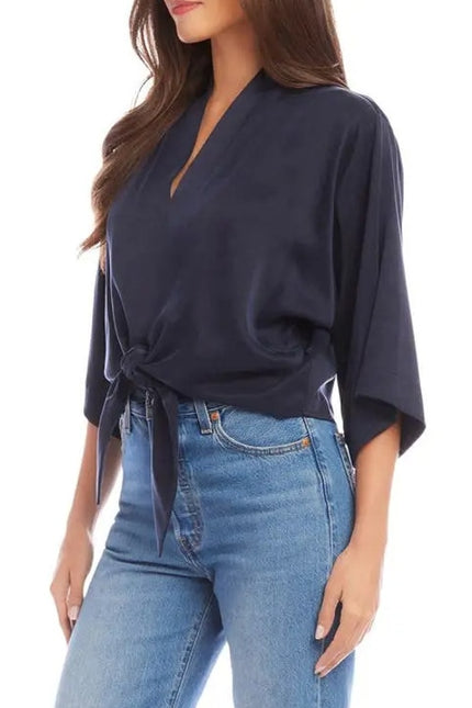 FIFTEEN TWENTY Blouson Tie Front Top Navy NWT Kimono Short Sleeve Women's M