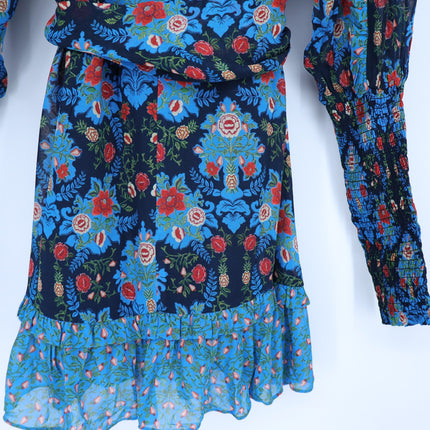 FARM RIO Blue Arabesque Dress NWT Floral High Neck Long Sleeve Women's XXS