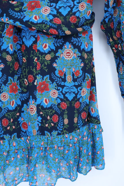 FARM RIO Blue Arabesque Dress NWT Floral High Neck Long Sleeve Women's XXS