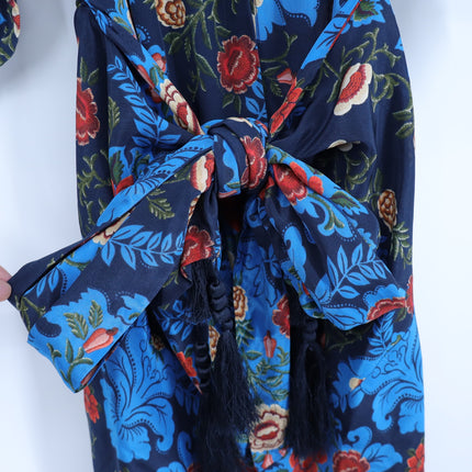FARM Rio Arabesque Floral Midi Dress Blue Wrap Tie Puff Sleeve Women's S