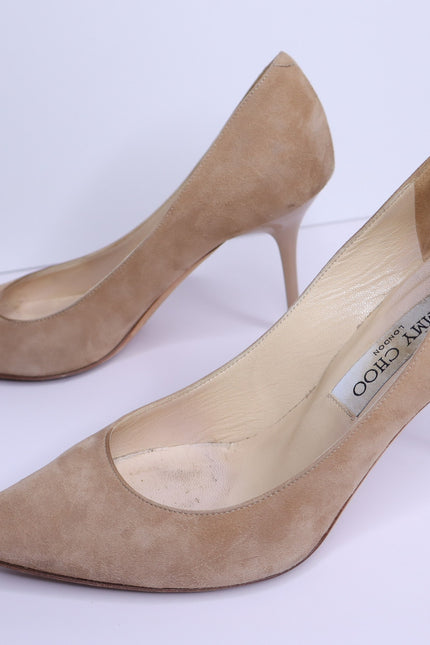 JIMMY CHOO Romy 85 Natural Tan Suede Pointed Pumps Women's 35.5/US 5.5