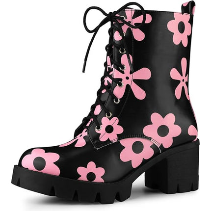 Allegra K Platform Heeled Boots Black Pink Floral Lace Up Women's 41/US 10