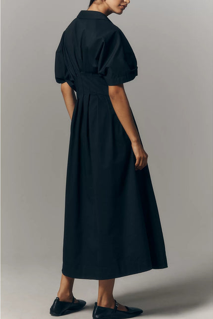 EXQUISE The Tobie Shirt Dress Black Pleated Maxi Short Sleeve Women's M
