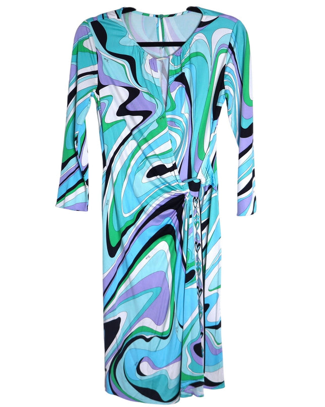 EMILIO PUCCI Blue Marmo Print Mini Dress Silk Faux Wrap Y2K Vtg Women's 40 US10