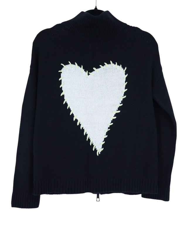 Lisa Todd Romancin Ribbed Heart Sweater Knit Jacket Black Intarsia Women's S