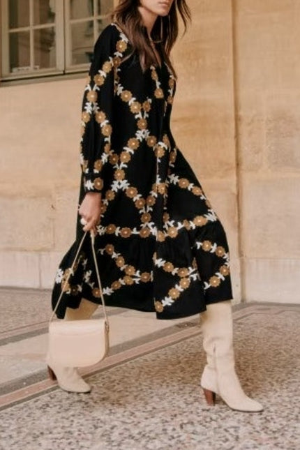 SEZANE Blandina Dress Black and Floral Ecru Embroidery Women's 40/US 8