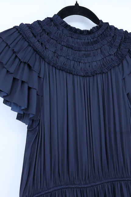 ULLA JOHNSON Midnight Navy Isadora Dress Pleated Satin Midi Ruffled Women's 2
