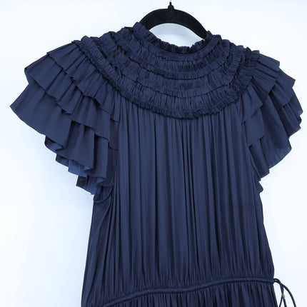 ULLA JOHNSON Midnight Navy Isadora Dress Pleated Satin Midi Ruffled Women's 2
