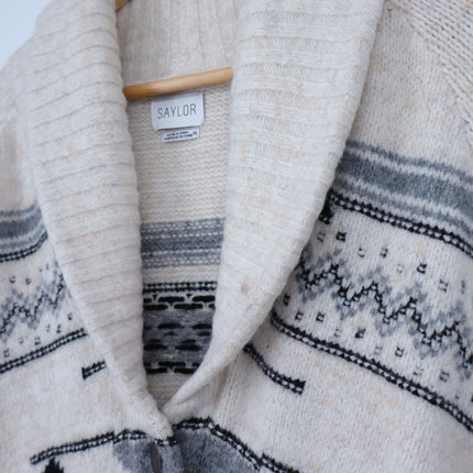 Saylor Vanisha Belted Sweater Cardigan Oatmeal Cabin Print Women's XS