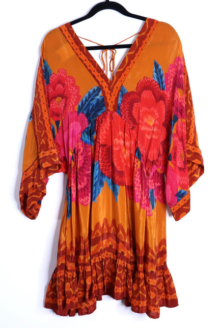 FARM RIO Long Sleeve V Neck Mini Dress Orange Floral Kimono Women's M