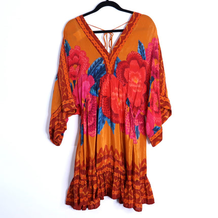 FARM RIO Long Sleeve V Neck Mini Dress Orange Floral Kimono Women's M