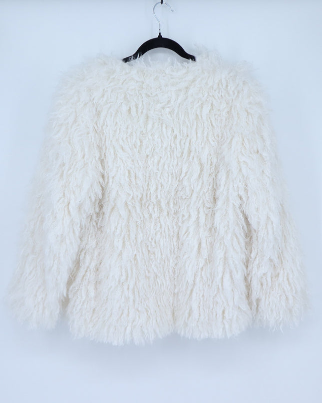 Anthropologie Shaggy Faux Fur Jacket White Open Knit Long Sleeve Women's XS