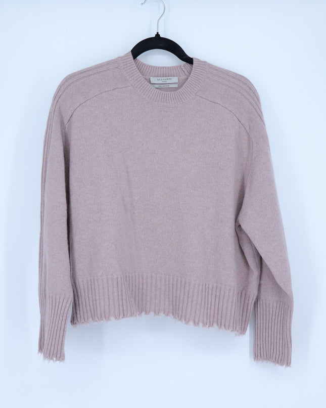 AllSaints Kiera Cashmere Crew Sweater Pashima Pink Distressed Pullover Women's S