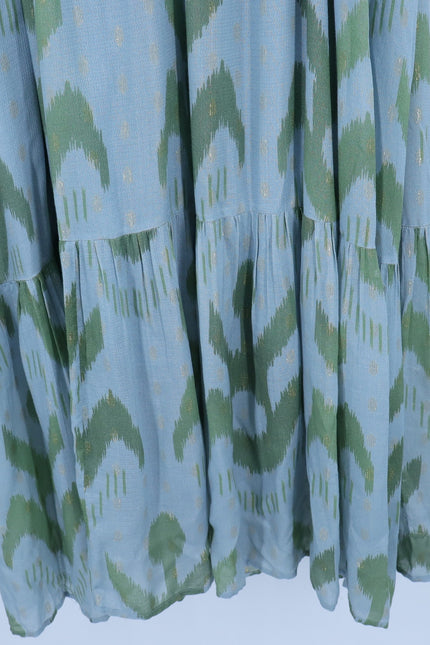 OLIPHANT Ruffle V-Neck Maxi Dress Chitka Blue Green Printed Sleeveless Women's L