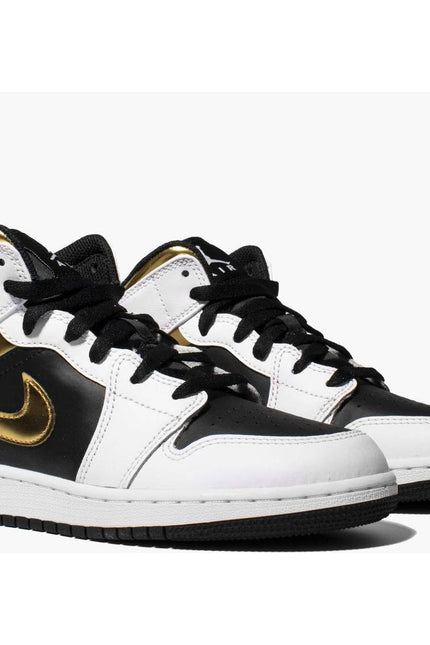 NIKE Air Jordan Retro 1 Mid SE Sneakers White Gold Black Lace Up Men's 6.5
