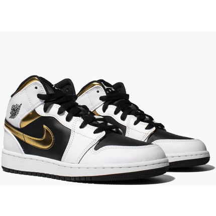 NIKE Air Jordan Retro 1 Mid SE Sneakers White Gold Black Lace Up Wms 8/Men's 6.5