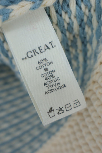 THE GREAT. Minicheck Lodge Cardigan Sweater Morning Sky Open Front Women's 0 XS