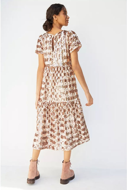 MAEVE NEW Bernadette Sequined Midi Dress Pink Rose Tiered Lined Women's XS