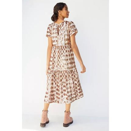 MAEVE Bernadette Sequined Midi Dress NWT Pink Rose Tiered Lined Women's XS