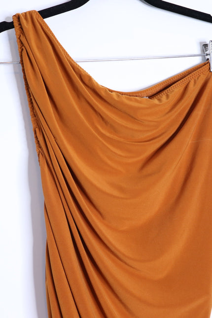 NORMA KAMALI Diana Ruched Gown Cinnamon Orange Midi Dress Women's L/40