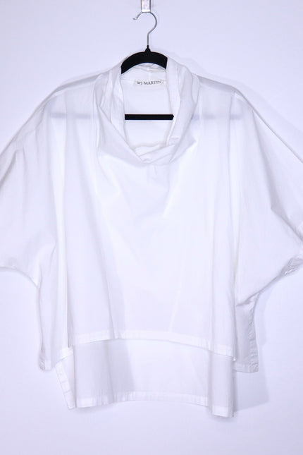 WJ MARTIN Boxy Hi-Lo Blouse White Cowl Neck Short Sleeve Women's 44/US 8