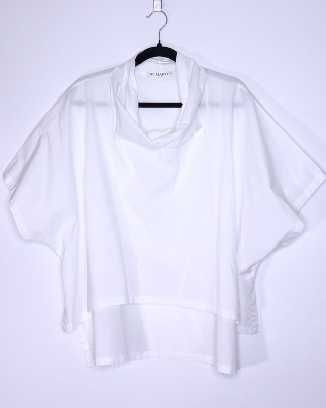 WJ MARTIN Boxy Hi-Lo Blouse White Cowl Neck Short Sleeve Women's 44/US 8