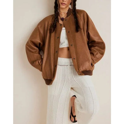 WE THE FREE Wild Rose Vegan Suede Bomber Jacket Chestnut Combo Women's S