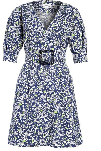 TANYA TAYLOR Coral Floral Linen Mini Dress Blue Belted Puff Sleeve Women's 4