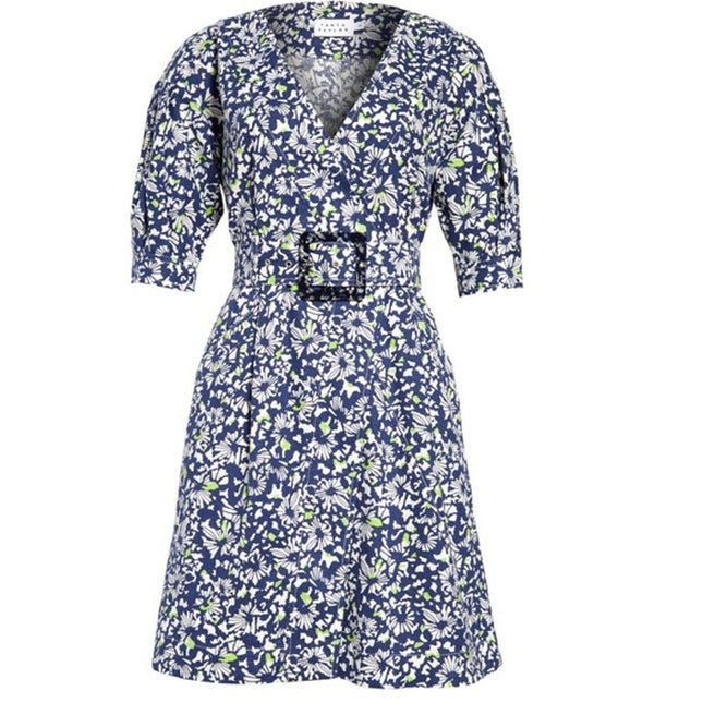TANYA TAYLOR Coral Floral Linen Mini Dress Blue Belted Puff Sleeve Women's 4