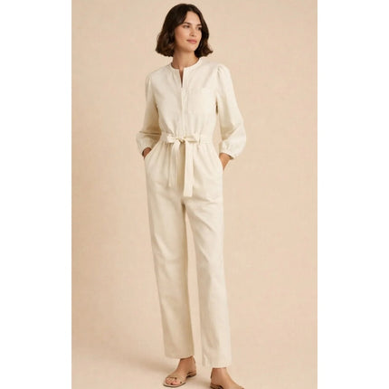 J. Crew Puff Sleeve Chino Jumpsuit Off White Belted Long Sleeve Women's 4