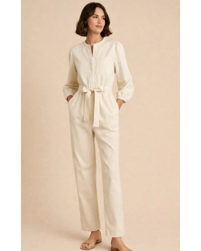 J. Crew Puff Sleeve Chino Jumpsuit Off White Belted Long Sleeve Women's 4
