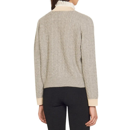 Sandro Jane Cable Knit Sweater Gray and Tan Cashmere Wool Women's 0/US XS