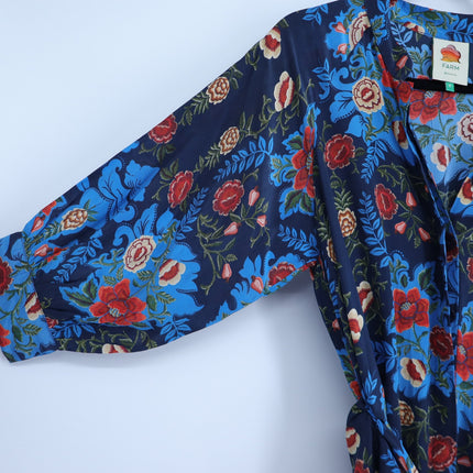 FARM Rio Arabesque Floral Midi Dress Blue Wrap Tie Puff Sleeve Women's S