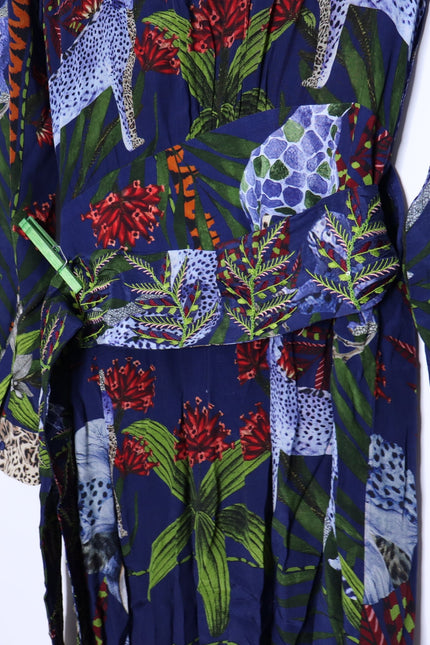 TAJ BY SABRINA Malta Blue Wrap Dress Embroidered Safari Print Women's XS