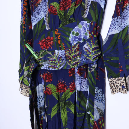 TAJ BY SABRINA Malta Blue Wrap Dress Embroidered Safari Print Women's XS