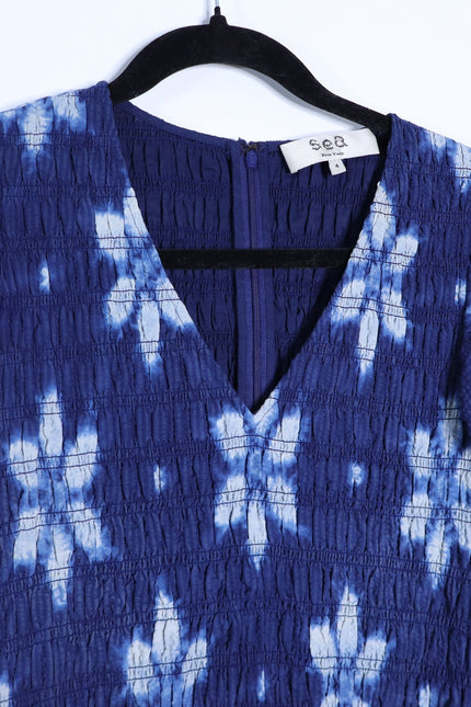 SEA Isla Midi Dress Navy Print Smocked Cotton Peasant Flutter Sleeve Women's 4