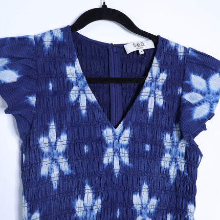 SEA Isla Midi Dress Navy Print Smocked Cotton Peasant Flutter Sleeve Women's 4