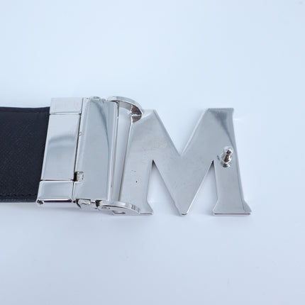 MCM Claus M Reversible Belt In Visetos White Gold Logo Print Men's S