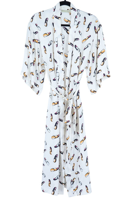RECLINER Silk Lipstick Print Robe Midi Ivory Loungewear Luxury Satin Women's S