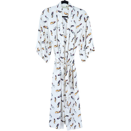 RECLINER Silk Lipstick Print Robe Midi Ivory Loungewear Luxury Satin Women's S