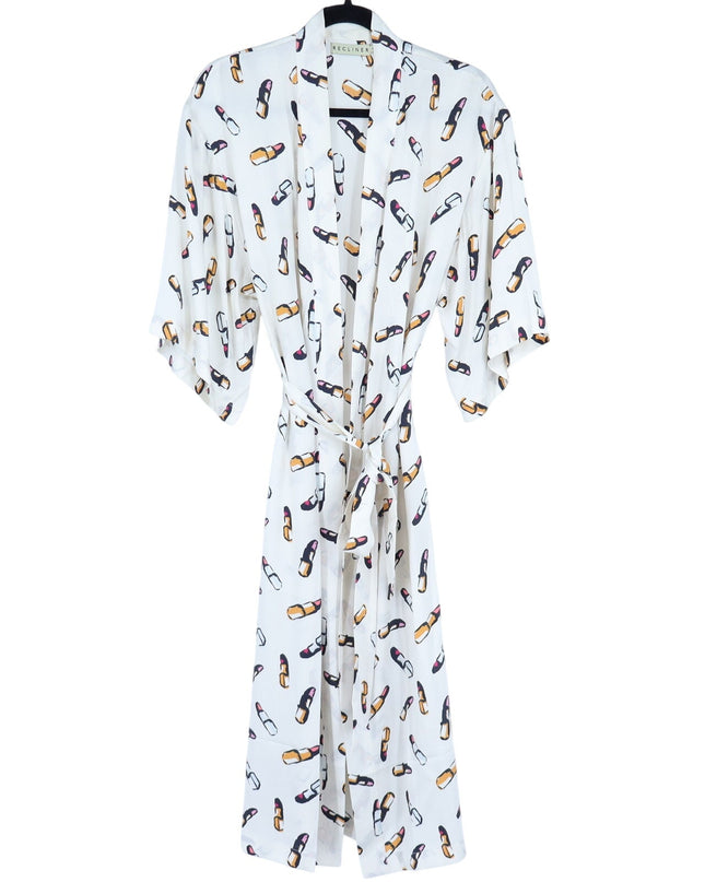 RECLINER Silk Lipstick Print Robe Midi Ivory Loungewear Luxury Satin Women's S
