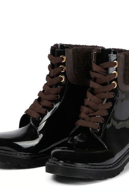 SEE BY CHLOÉ Florrie Shearling Rain Boots Black Brown Combat Women's 39/US 8
