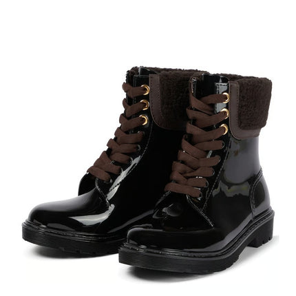 SEE BY CHLOÉ Florrie Shearling Rain Boots Black Brown Combat Women's 39/US 8