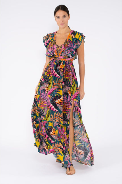 TAJ BY SABRINA CRIPPA Flamingo Maxi Dress High Summer Ruffle Women's S