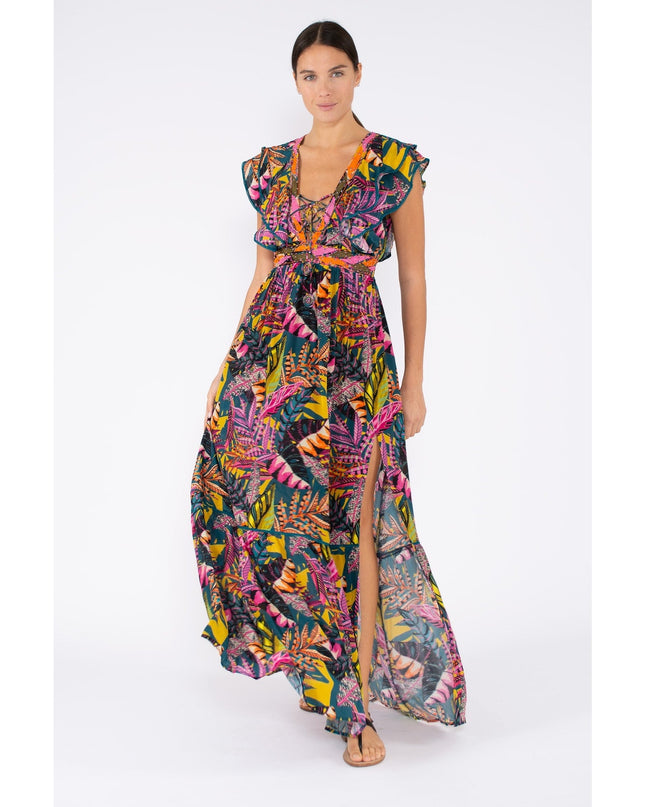 TAJ BY SABRINA CRIPPA Flamingo Maxi Dress High Summer Ruffle Women's S