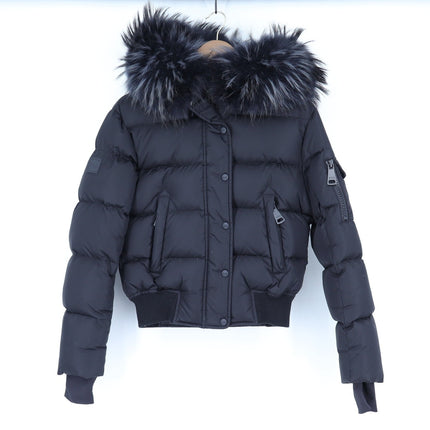SAM. Skylar Bomber Jacket Matte Black Down Puffer Raccoon Trim Women's S