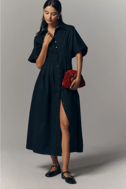 EXQUISE The Tobie Shirt Dress Black Pleated Maxi Short Sleeve Women's M