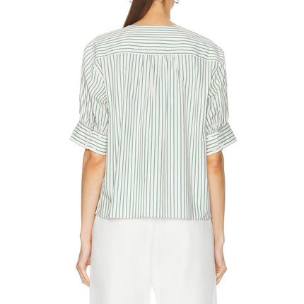 Frame V Neck Popover Blouse Green Gem Stripe Half Sleeve Women's M