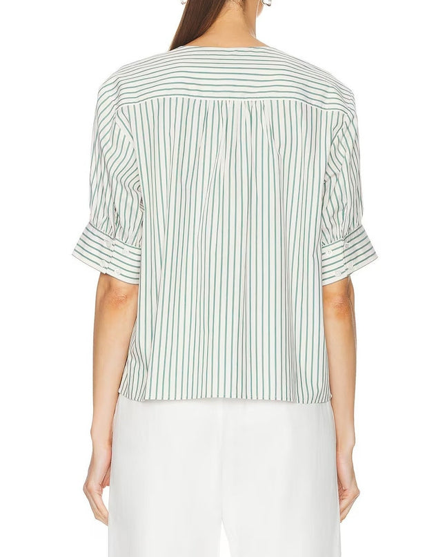 Frame V Neck Popover Blouse Green Gem Stripe Half Sleeve Women's M